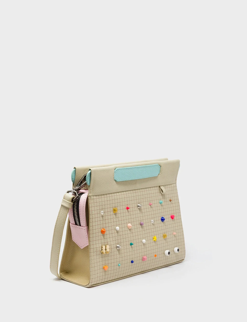 Vali Crossbody Gravel Beige Leather Bag - Studs Pattern