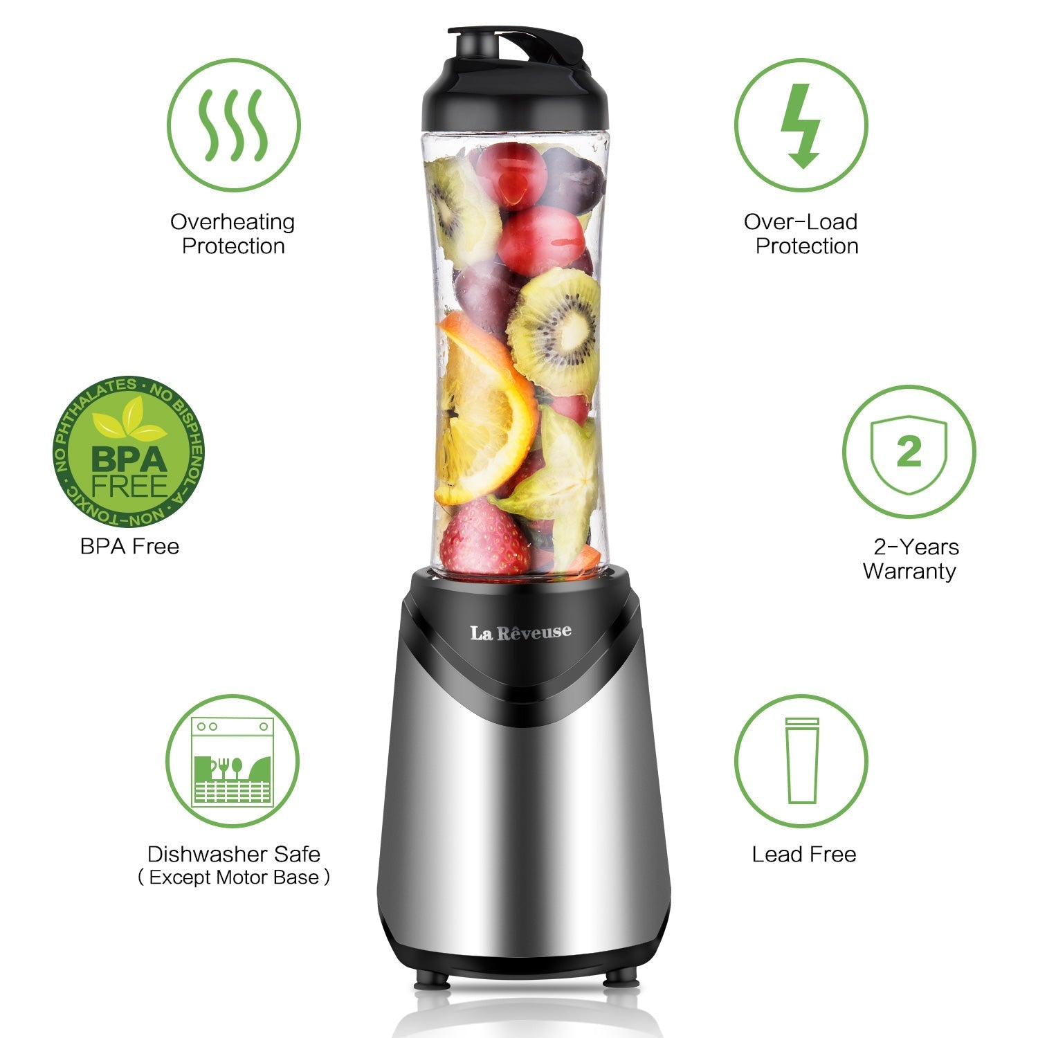 La Reveuse Personal Blender With Travel Lid BPA Free - 18oz Portable Sports Bottle Silver Stainless Steel Blade LARB1802S