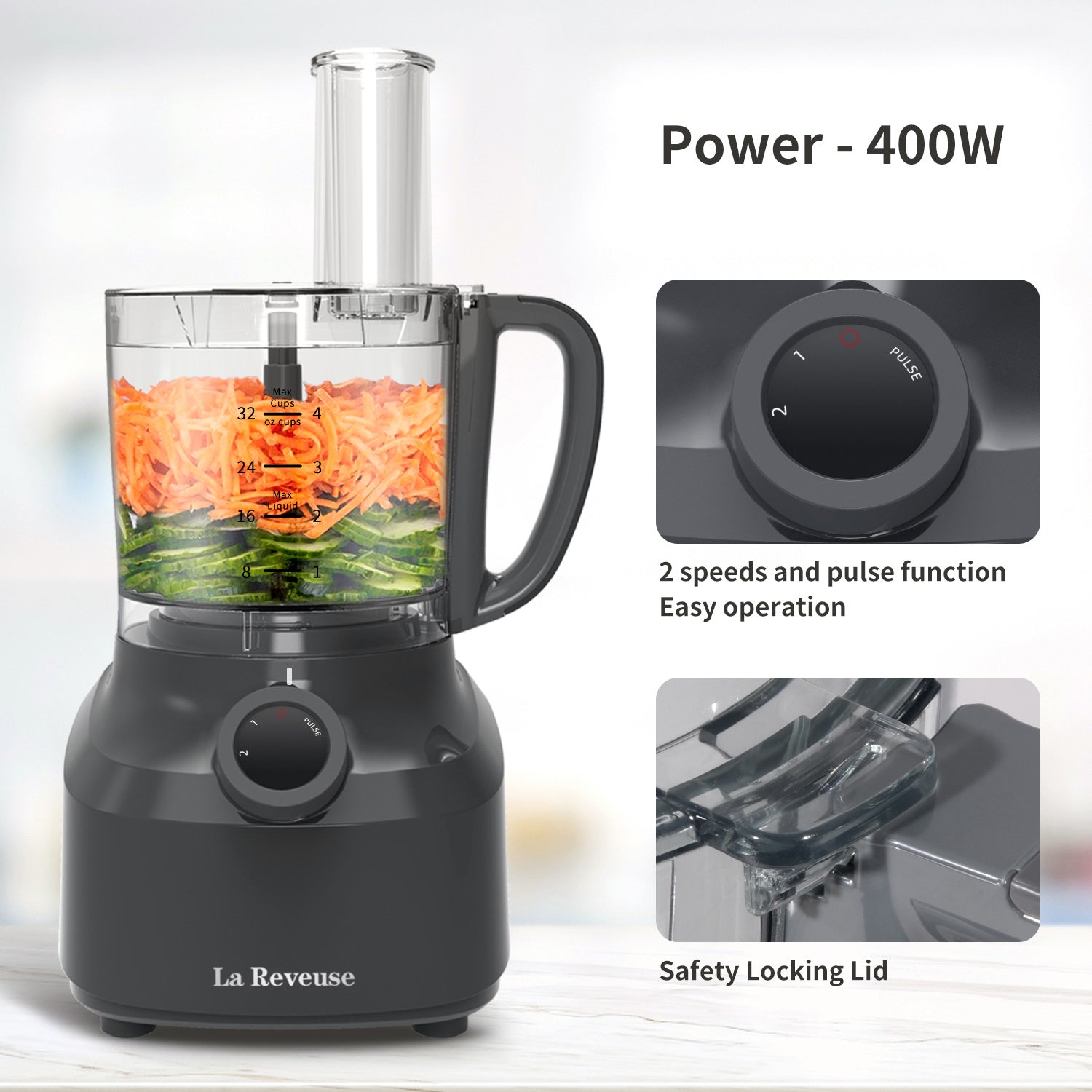 La Reveuse 4 Cup Food Processor Vegetable Chopper. 400 Watts. for Slicing.Shredding.Grating.Juicing.Emulsfying.Mixing