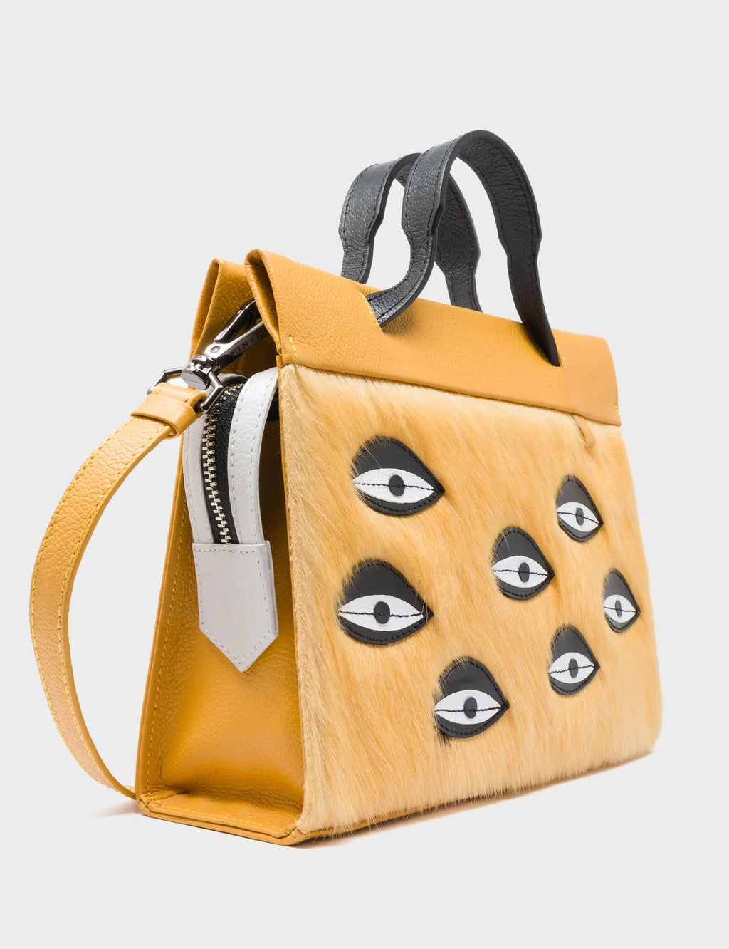 Vali Crossbody Small Golden And Black Leather Bag - Eyes Applique Adjustable Handle