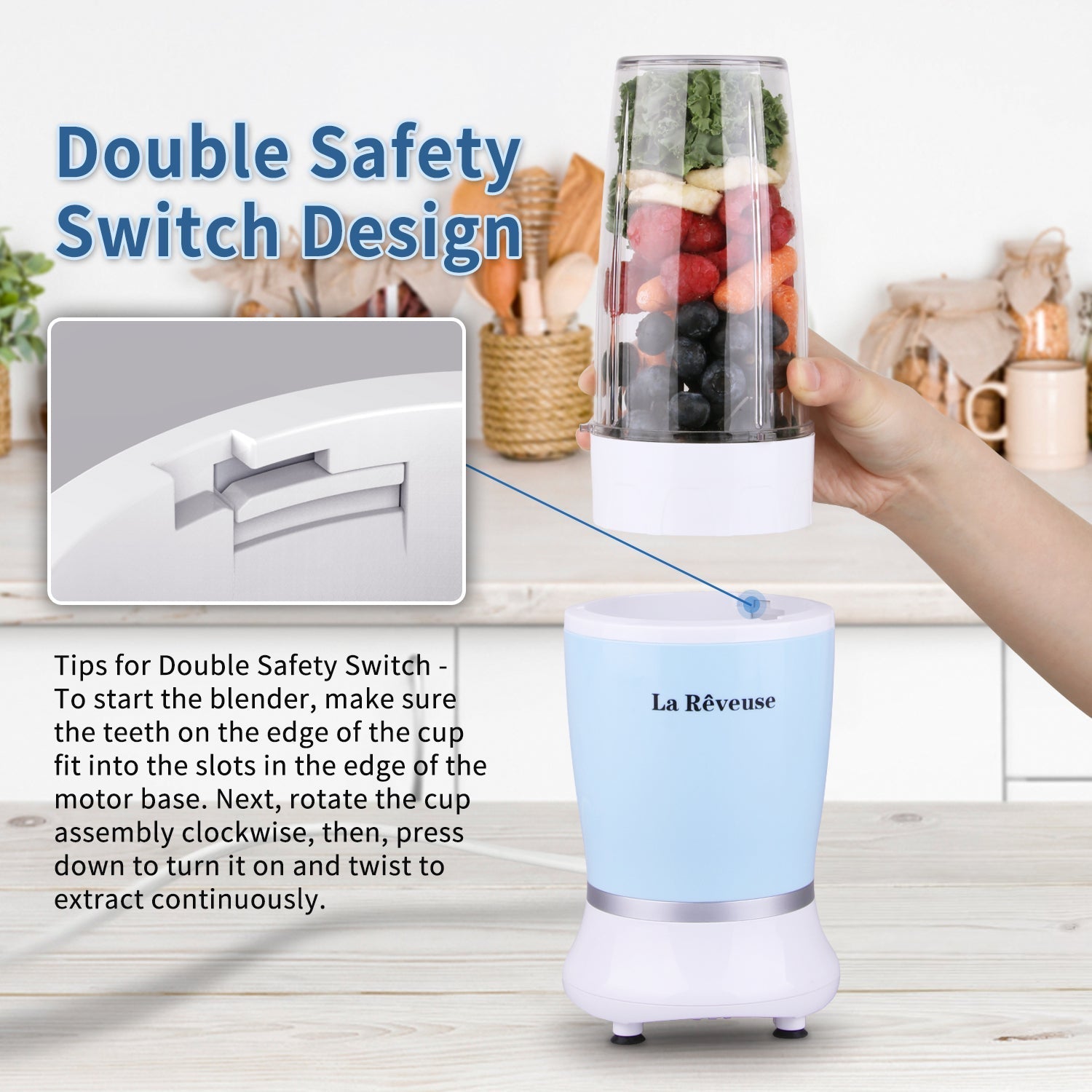 La Reveuse Personal Size Blender 250 Watts Power for Shakes Smoothies Seasonings Sauces with 1 Piece 15 oz Cup.1 Piece 10 oz Mug.BPA Free