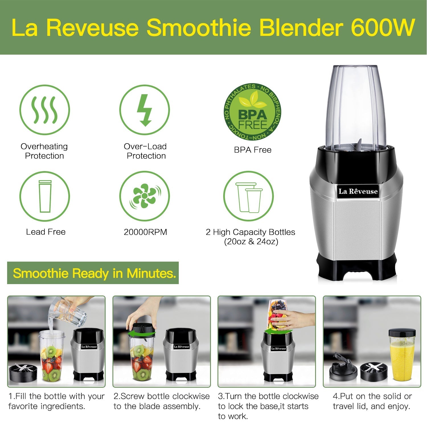 La Reveuse Countertop Blender - Making Shakes and Smoothies 600 Watts-with 20 oz and 24 oz BPA Free Portable Travel Bottles - Dishwasher Safe