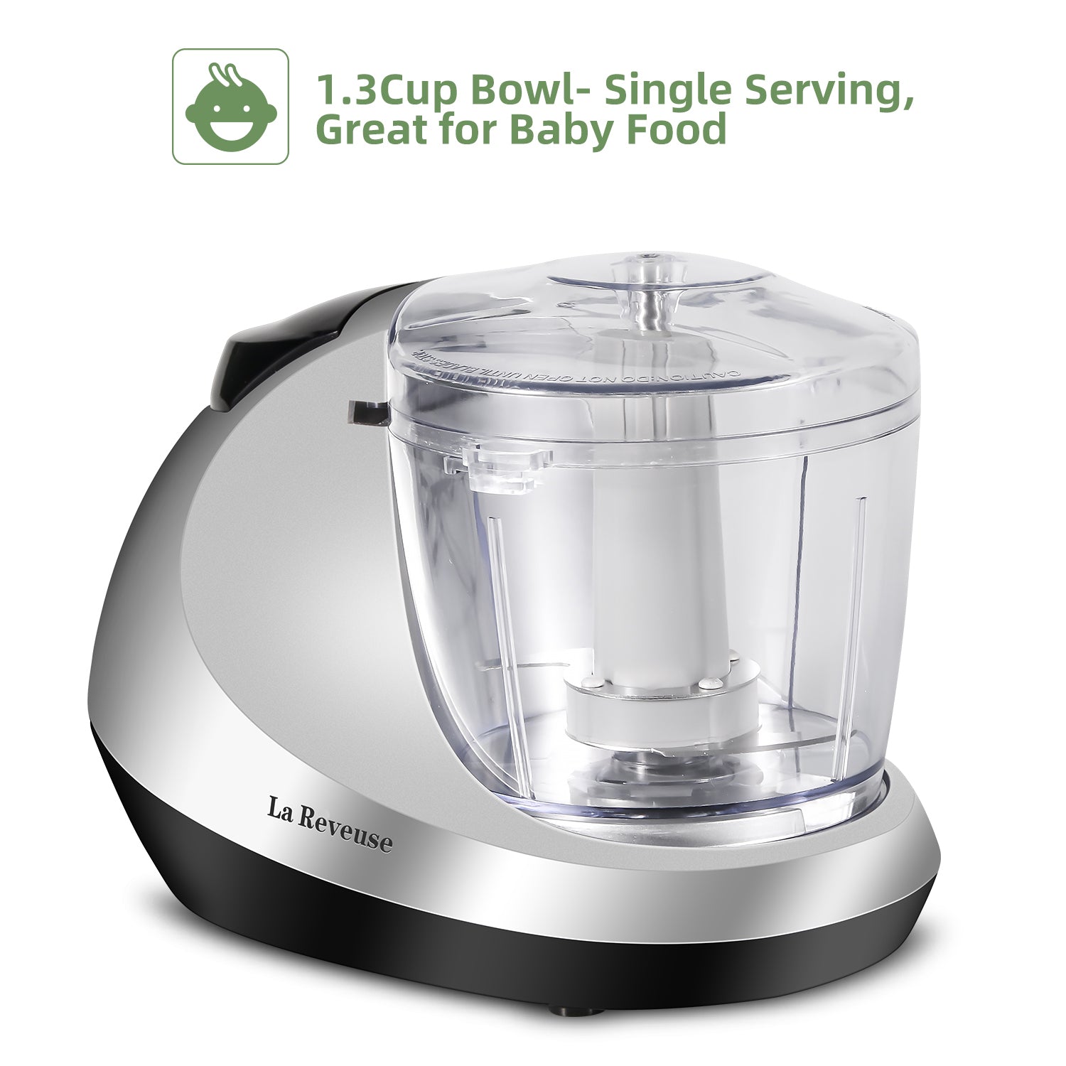 La Reveuse Electric Mini Food Chopper. Vegetable Fruit Cutter. Meat Grinder Mincer with 1.3-Cup Prep Bowl. Silver. LARB1809