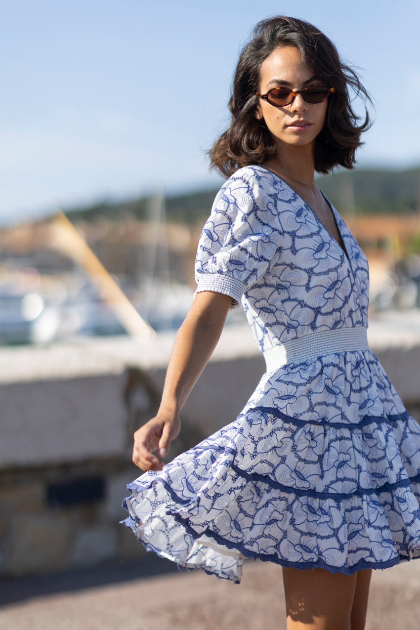 Ginette Embroidered Mini Dress Blue