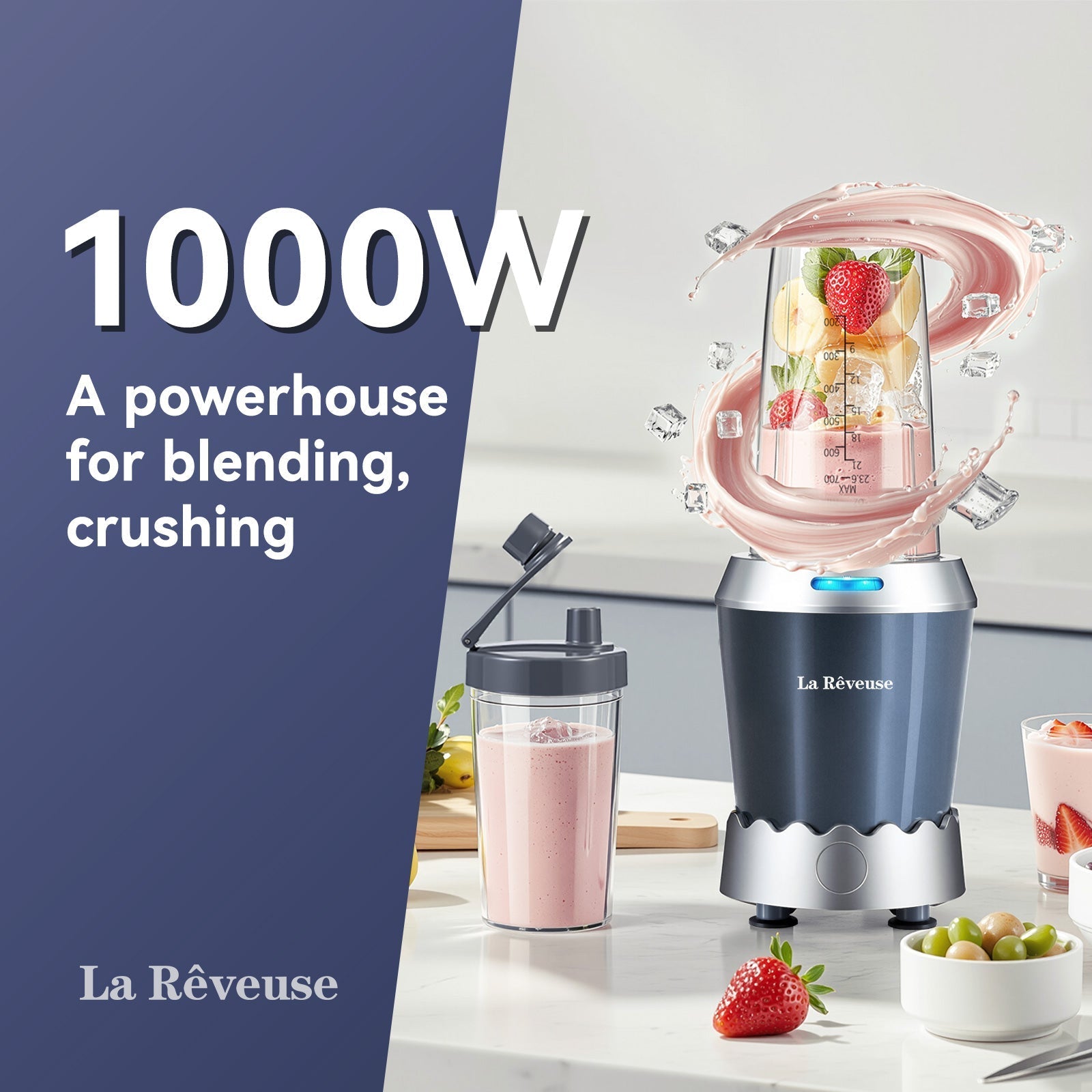 La Reveuse Personal Size Smoothie Blender Pro. 1000W High Speed with 24oz To-Go Cup. Ideal for Smoothies.Protein Shakes. Frozen Drinks. Food Prep. Gray