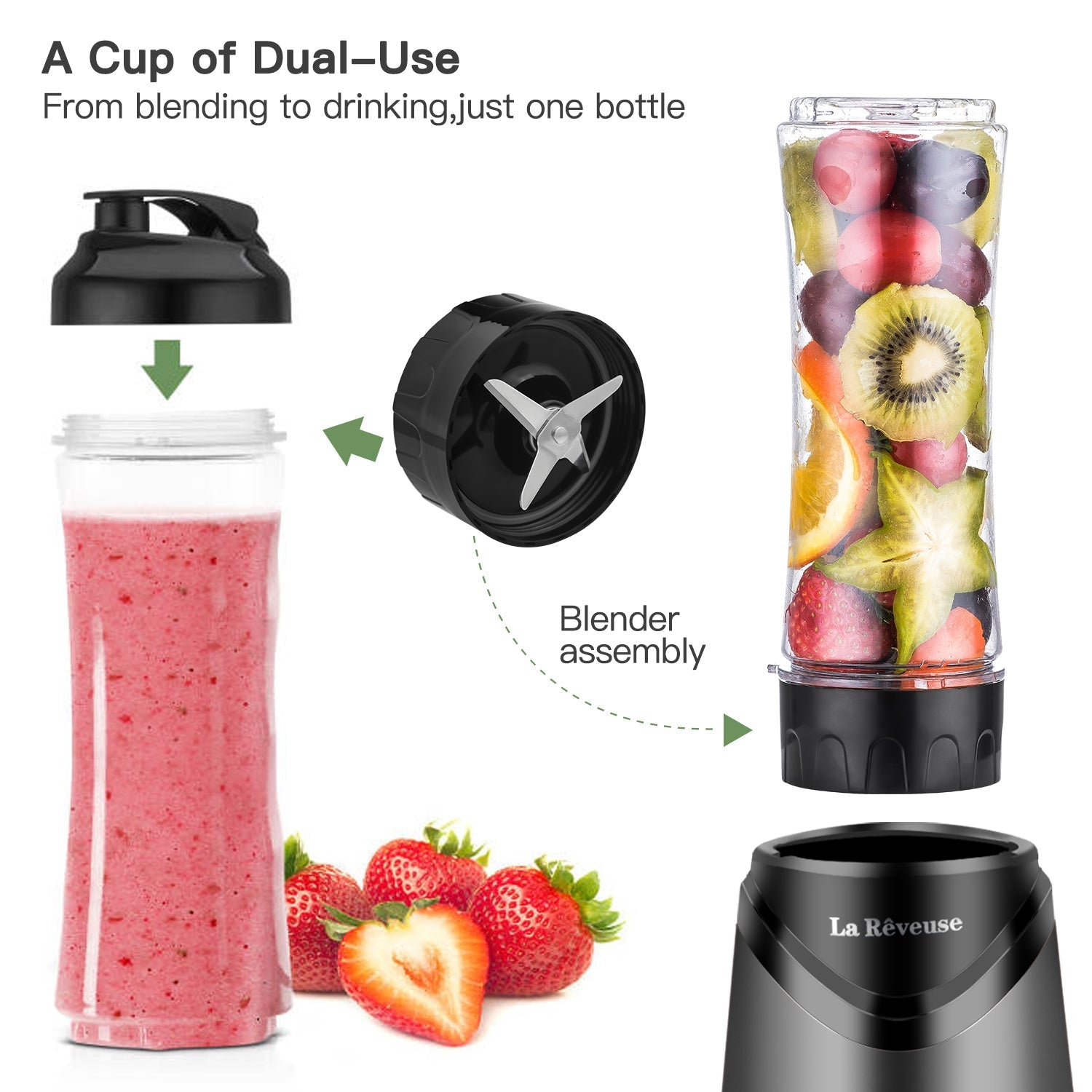La Reveuse Smoothie Blender Personal Size 300 Watts with 2 Pieces 18 oz BPA Free Travel Sports Bottles.Grey