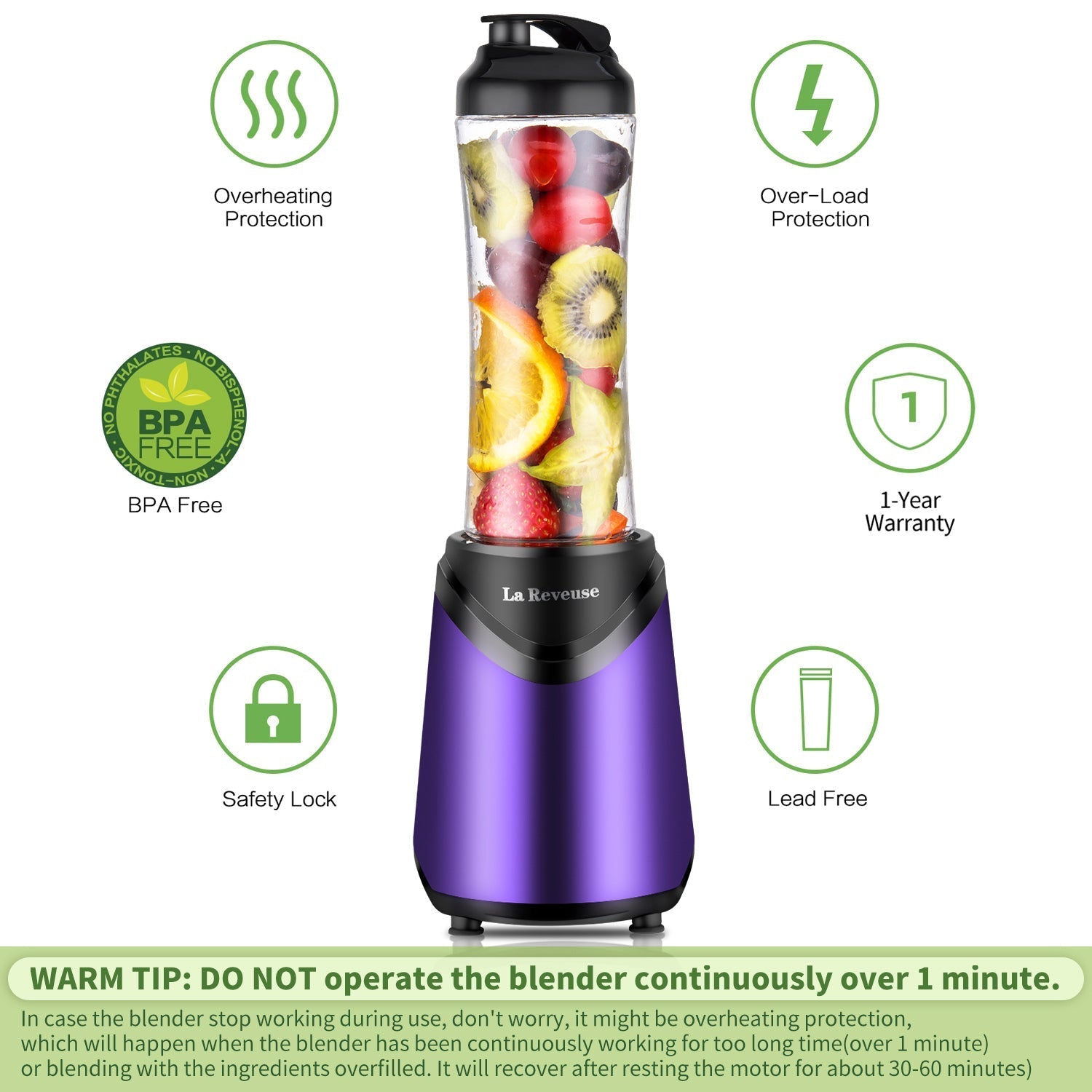 La Reveuse Smoothie Blender Personal Size 300 Watts with 2 Pieces 18 oz BPA Free Travel Sports Bottles.Purple
