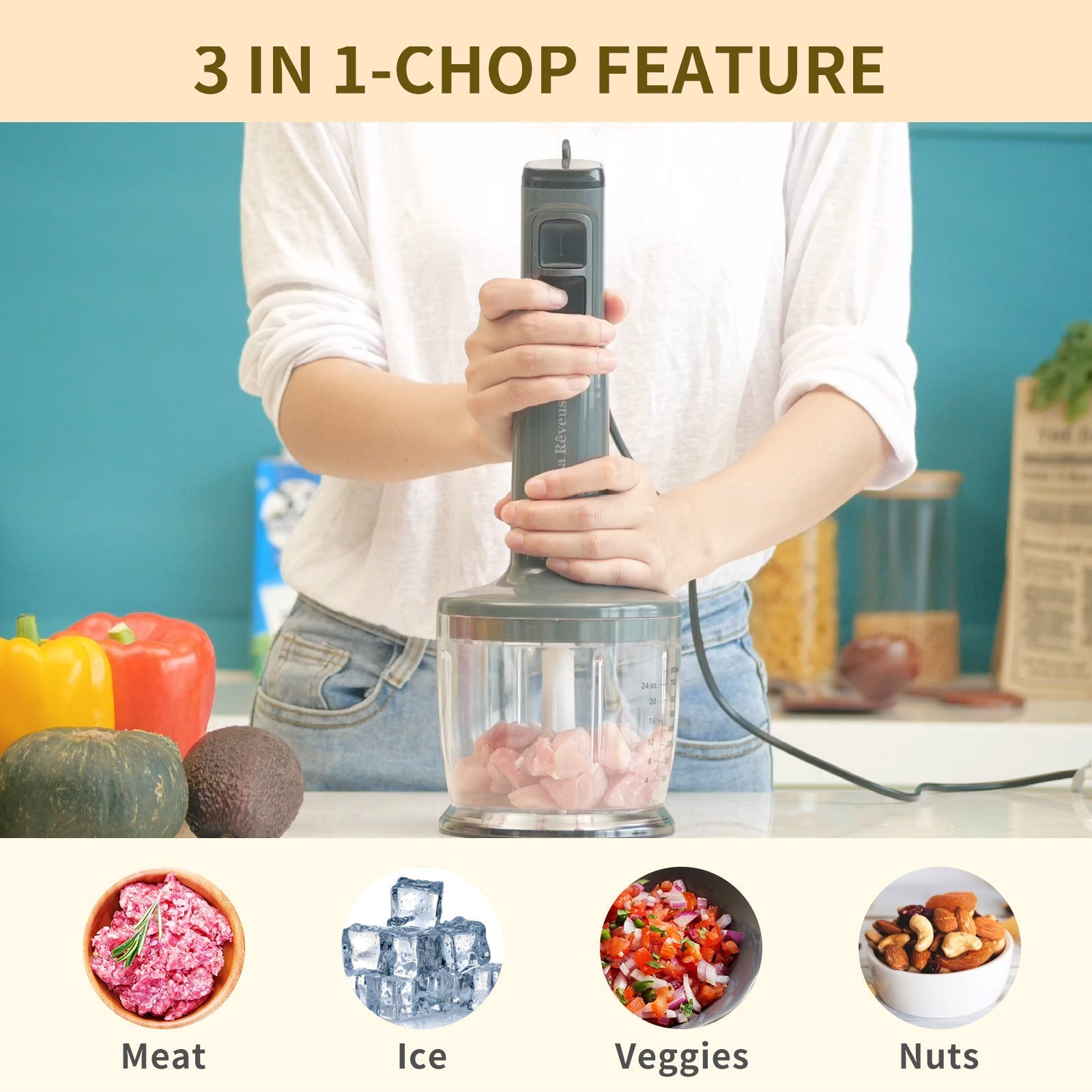 La Reveuse Immersion Hand Blender. 3 in 1. 300 Watts 2 Speeds Multi-purpose with Whisk.Mixing Beaker.Food Chopper Grinder attachments