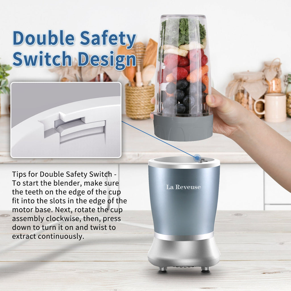 La Reveuse Personal Size Blender 250 Watts Power for Shakes Smoothies Seasonings Sauces with 1 Piece 15 oz Cup.1 Piece 10 oz Mug.BPA Free (Pearl Blue)