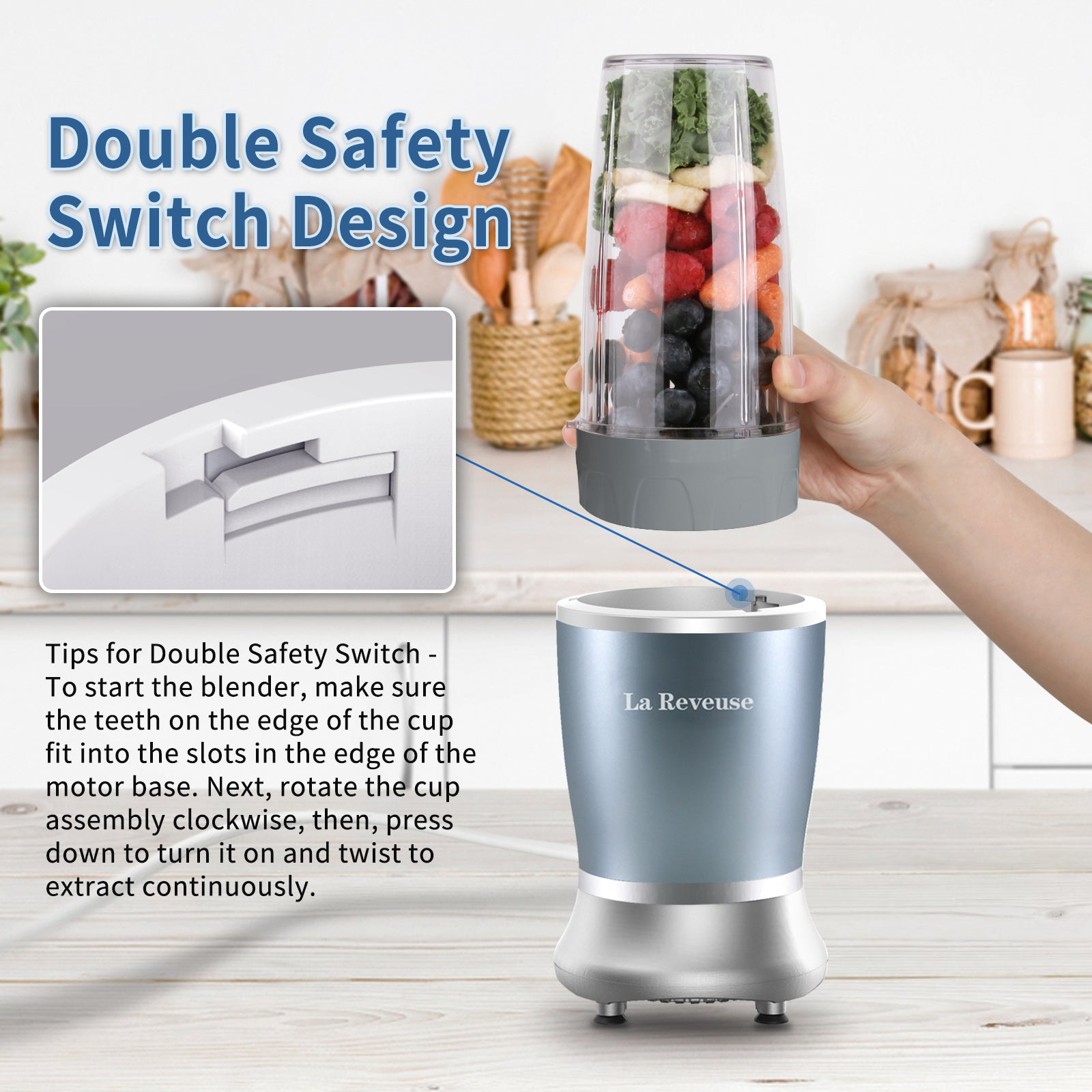 La Reveuse Personal Size Blender 250 Watts Power for Shakes Smoothies Seasonings Sauces with 1 Piece 15 oz Cup.1 Piece 10 oz Mug.BPA Free (Pearl Blue)