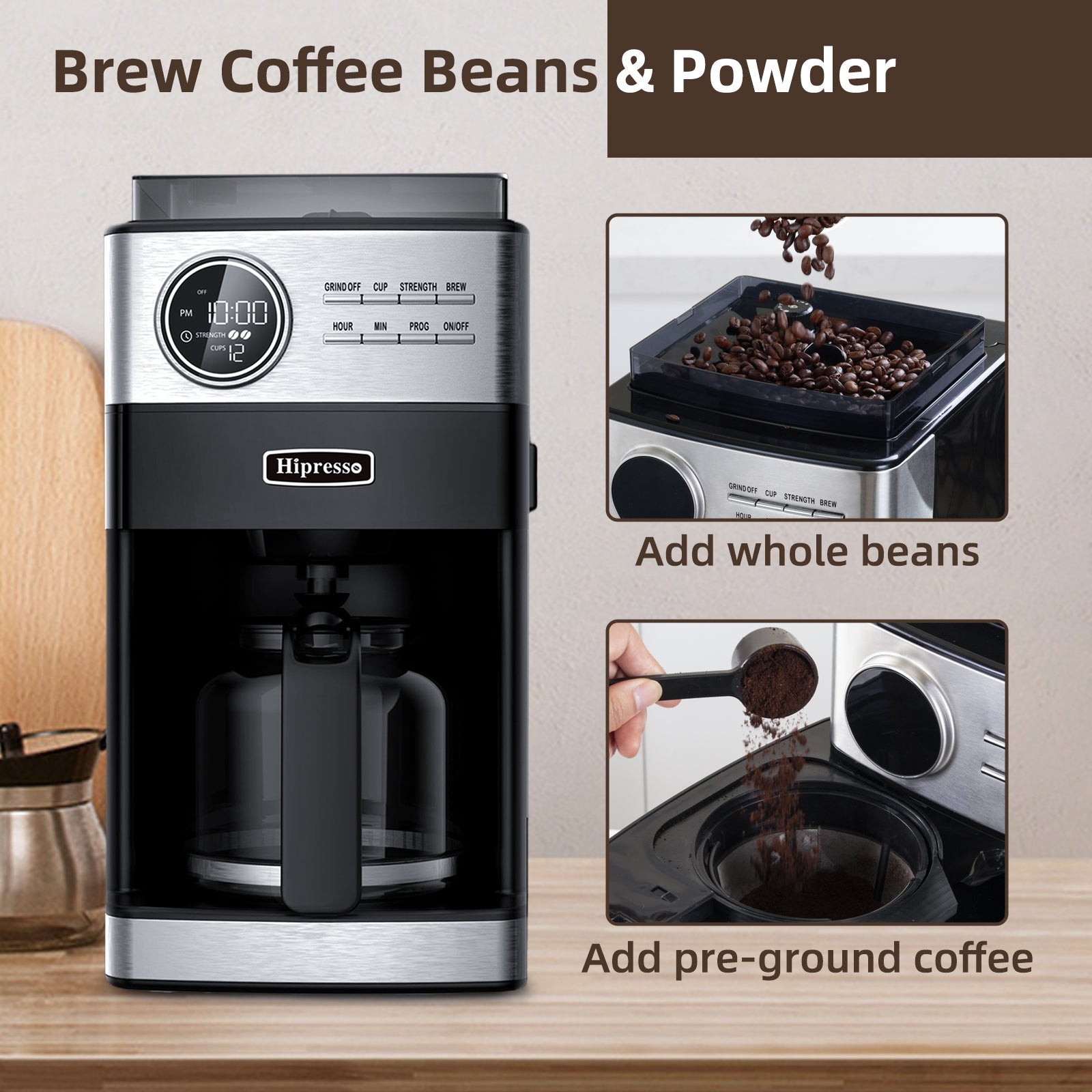 La Reveuse Programmable Drip Coffee Maker with Burr Grinder.2-Way Brewing.12 Cups.Black & Stainless Steel