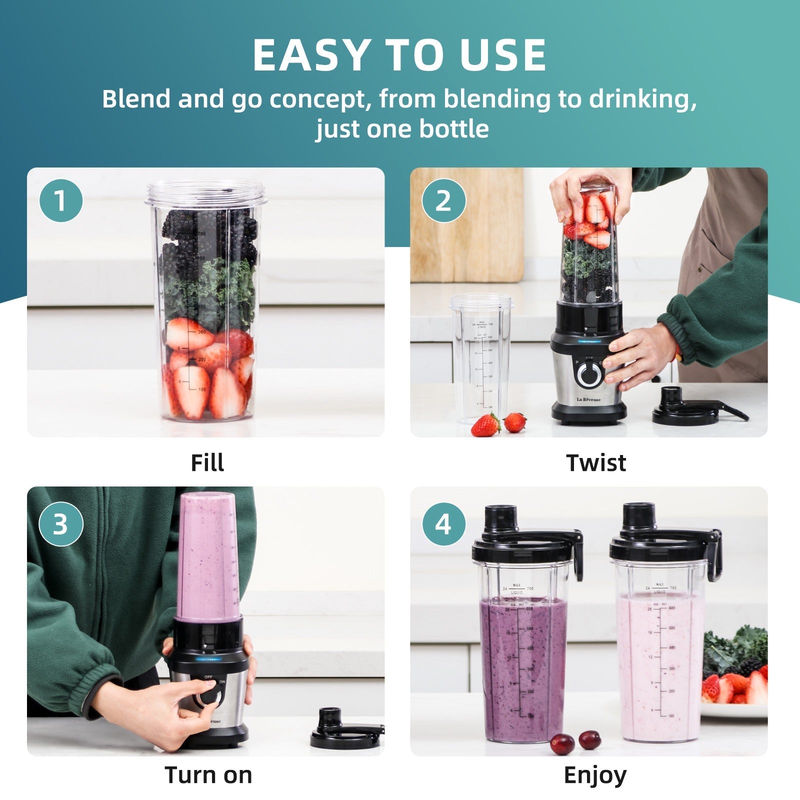 La Reveuse Blender for Shakes Smoothies.400W. with 2 x 24 Oz Blending Cups and To Go Lids.BPA free