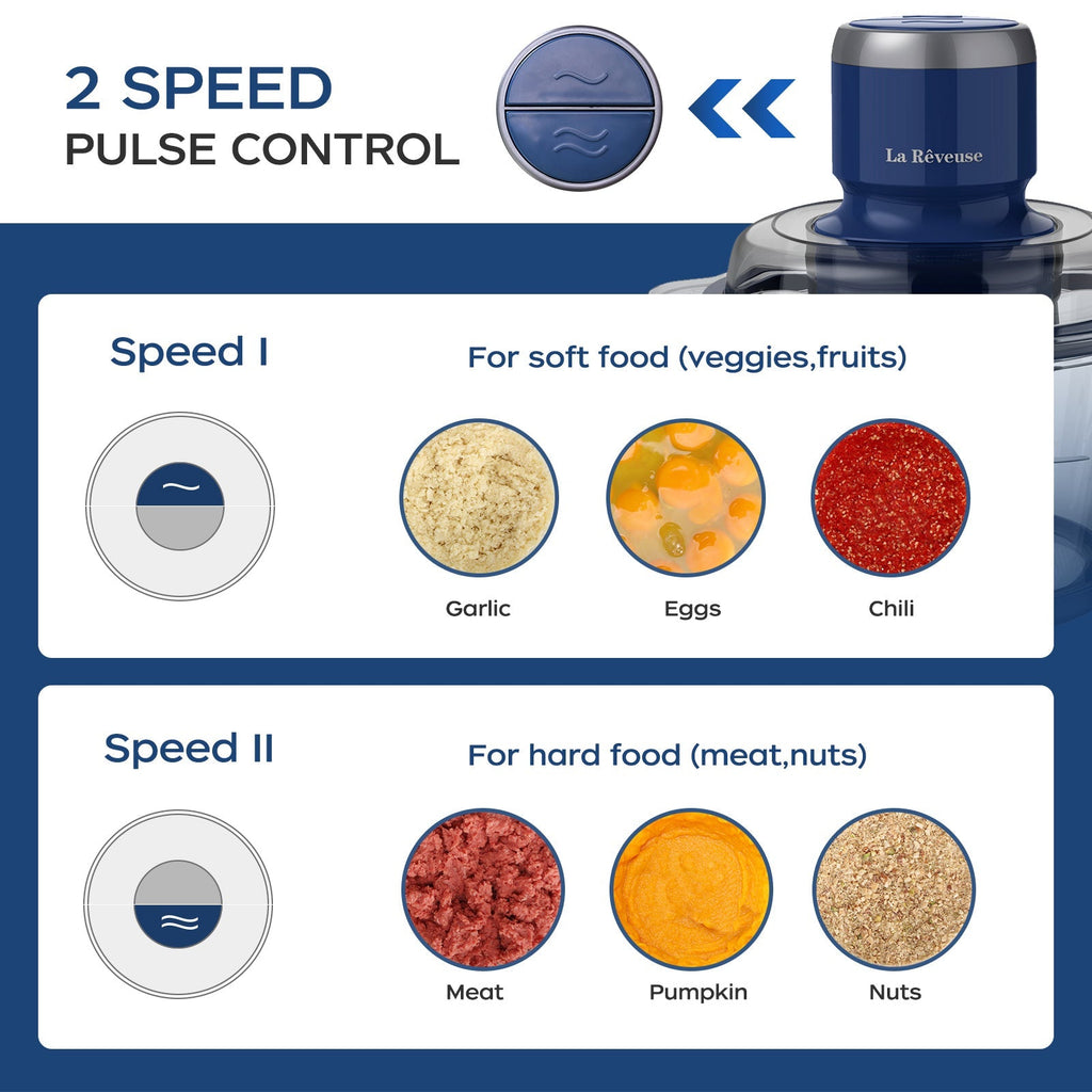 La Reveuse Food Processor.Electric Food Chopper with 7-Cup (1.7L) Glass Bowl. 4 Bi-Level Blades for Chopping.Grinding.Mincing.Whisking.Meal Prep.300W.Blue