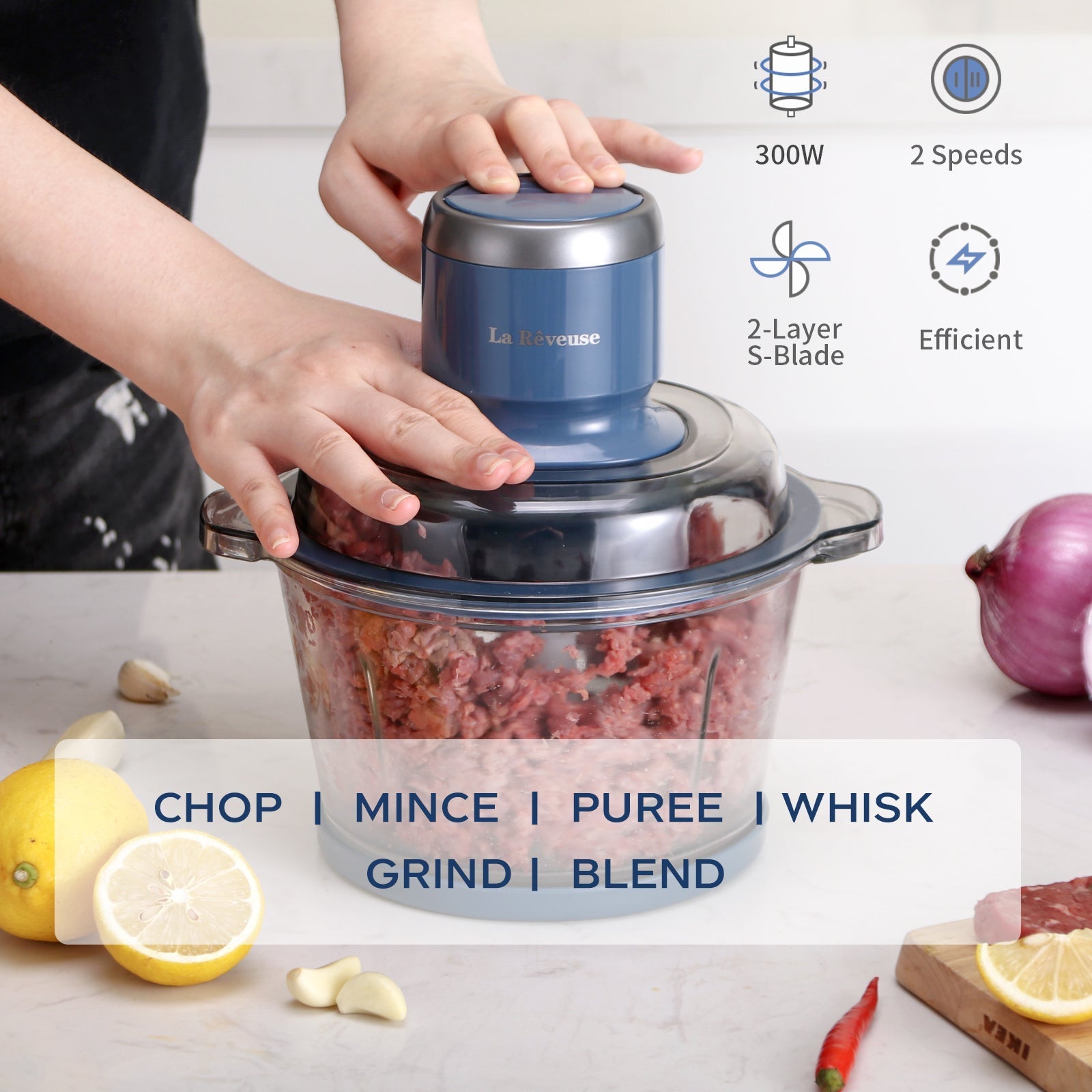 La Reveuse Food Processor.Electric Food Chopper with 7-Cup (1.7L) Glass Bowl. 4 Bi-Level Blades for Chopping.Grinding.Mincing.Whisking.Meal Prep.300W.Blue