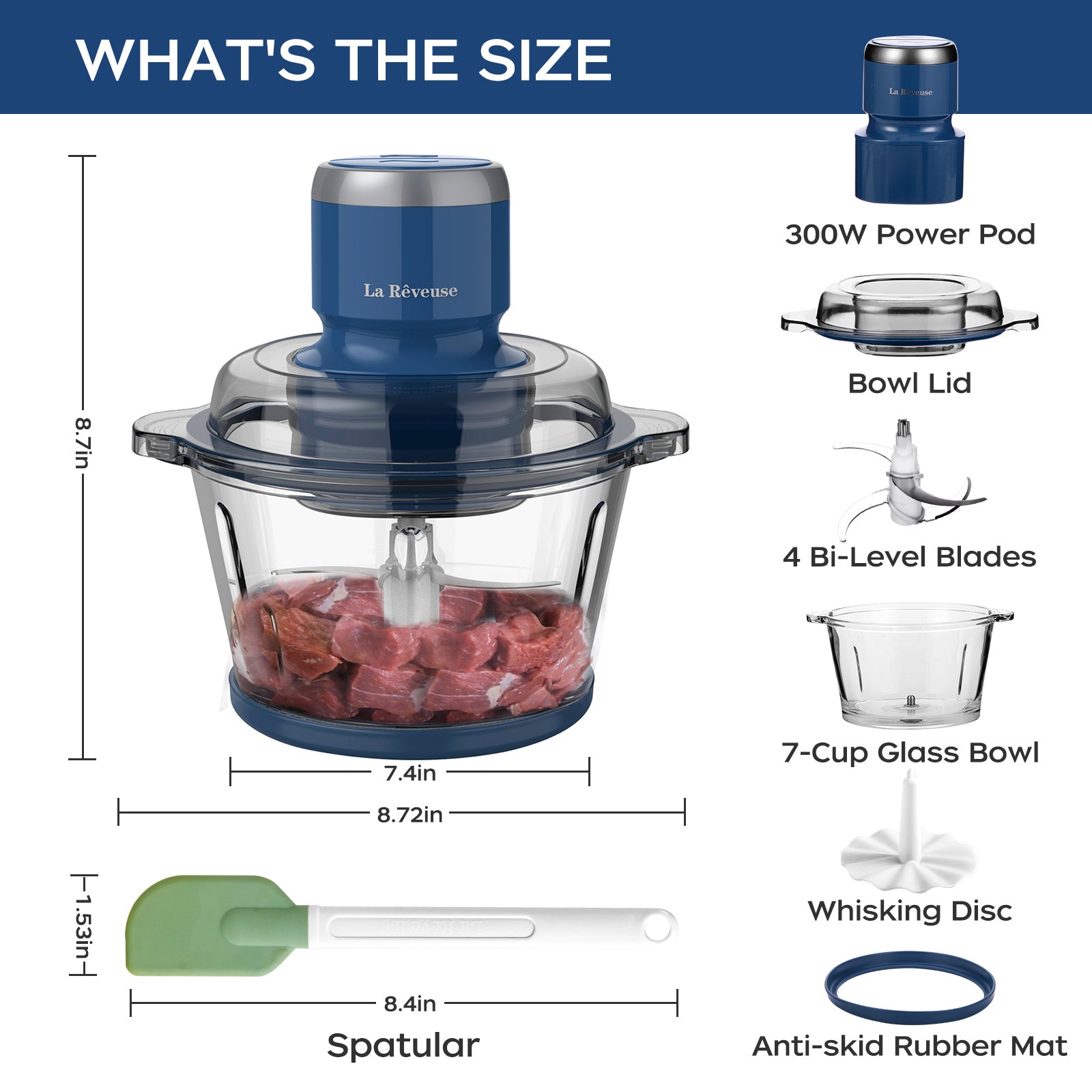 La Reveuse Food Processor.Electric Food Chopper with 7-Cup (1.7L) Glass Bowl. 4 Bi-Level Blades for Chopping.Grinding.Mincing.Whisking.Meal Prep.300W.Blue