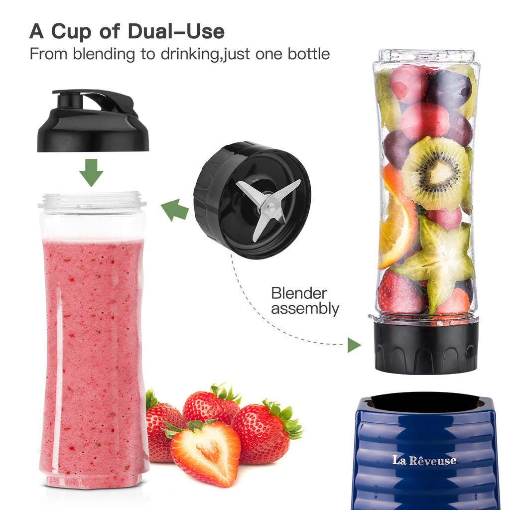 La Reveuse Smoothies Blender Personal Size 300 Watts with 18 oz BPA Free Portable Travel Sports Bottle (Navy)