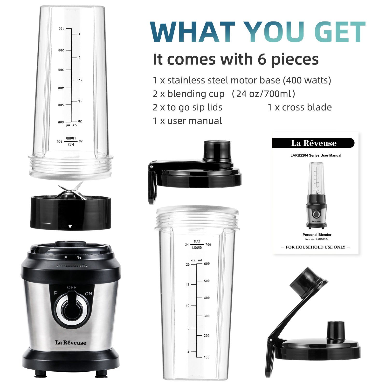 La Reveuse Blender for Shakes Smoothies.400W. with 2 x 24 Oz Blending Cups and To Go Lids.BPA free