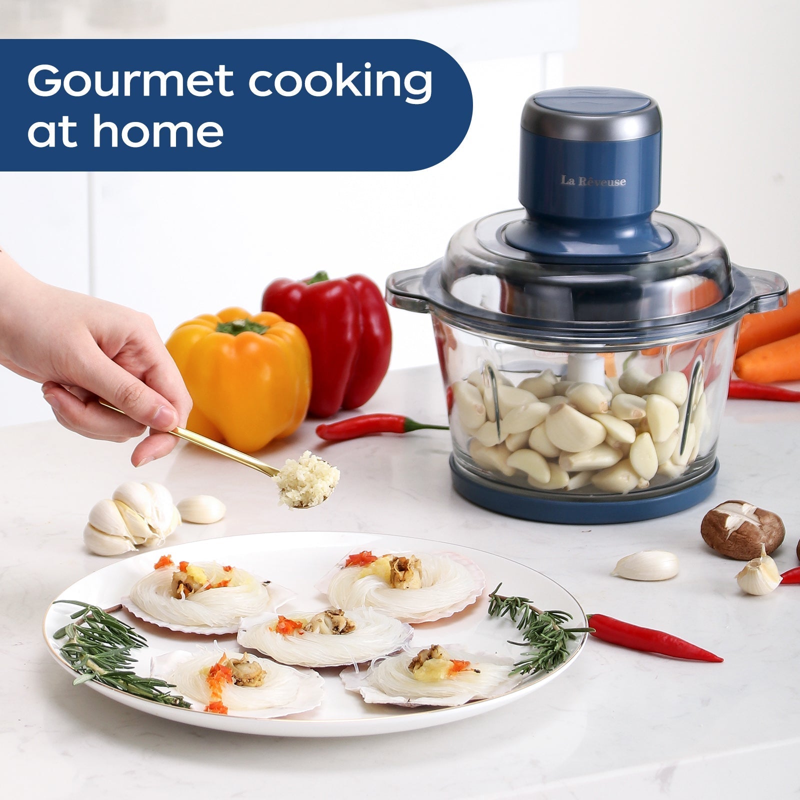 La Reveuse Food Processor.Electric Food Chopper with 7-Cup (1.7L) Glass Bowl. 4 Bi-Level Blades for Chopping.Grinding.Mincing.Whisking.Meal Prep.300W.Blue