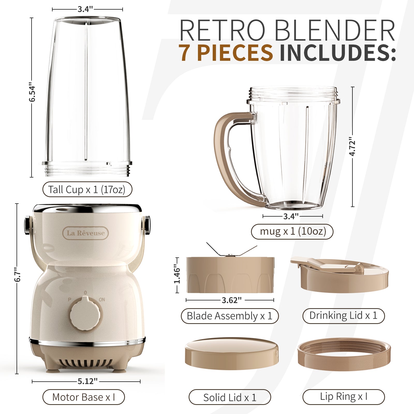 La Reveuse Personal Size Blender 300 Watts Power for Shakes Smoothies Seasonings Sauces with 17 oz Cup / 10 oz Mug.Retro Style
