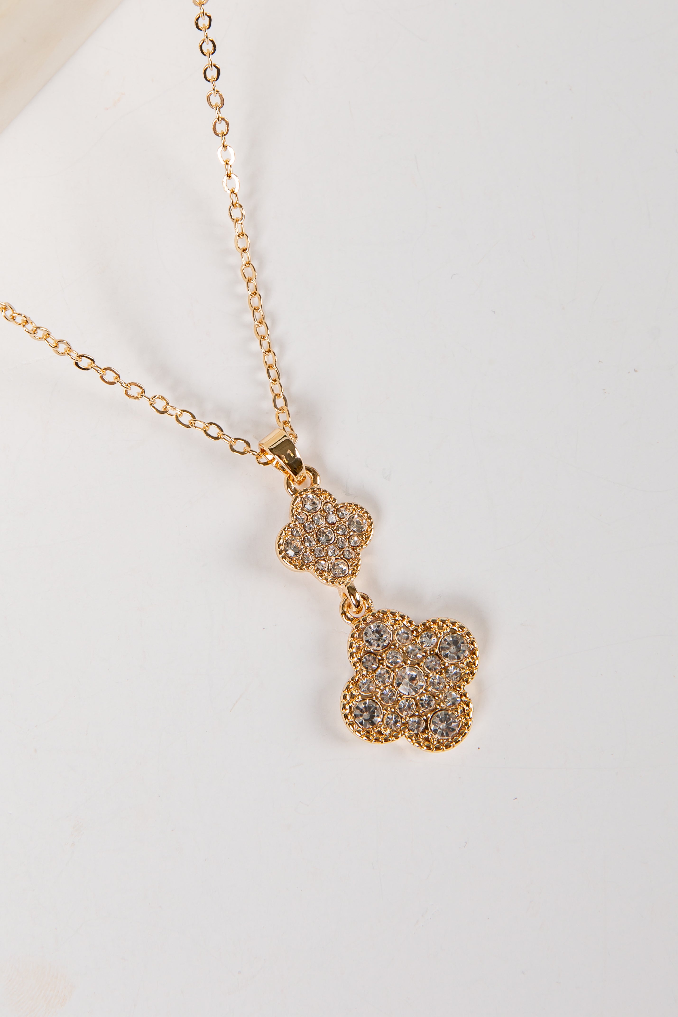 Lizzie Gold Rhinestone Quatrefoil Drop Charm Necklace