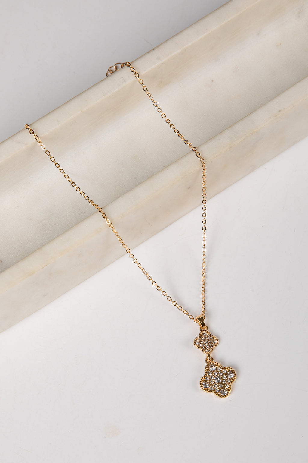 Lizzie Gold Rhinestone Quatrefoil Drop Charm Necklace