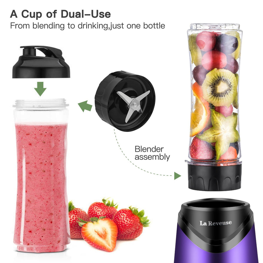 La Reveuse Smoothie Blender Personal Size 300 Watts with 2 Pieces 18 oz BPA Free Travel Sports Bottles.Purple