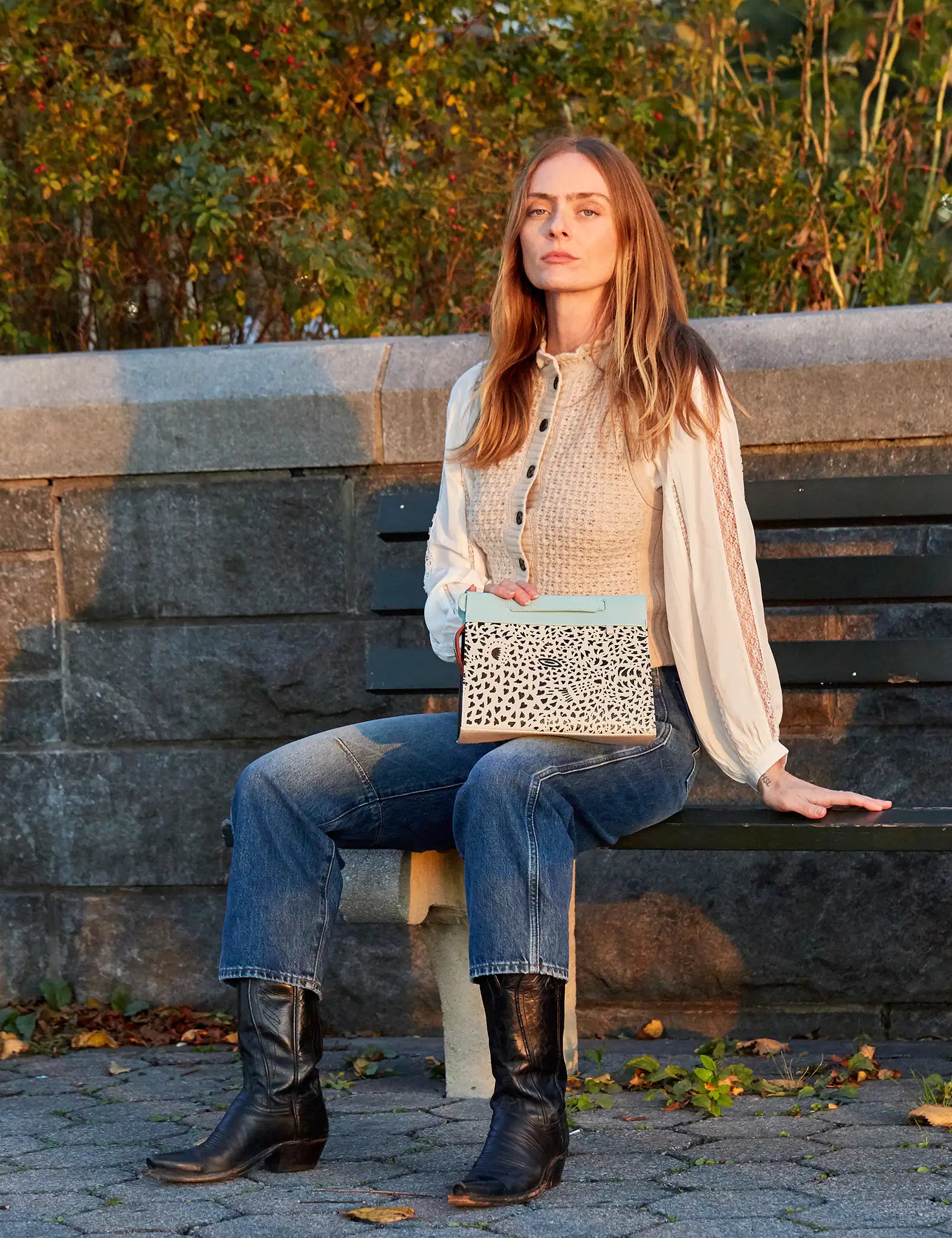 Vali Crossbody Cream and Eggshell Blue Leather Bag - Retro Tiger Embroidery